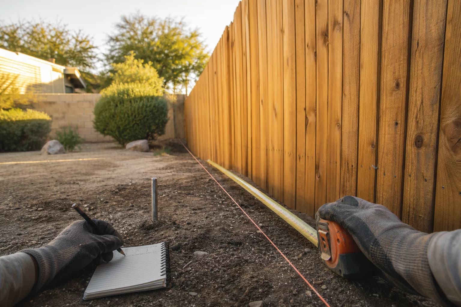 A fence installer measuring a cedar fence run and recording job details
