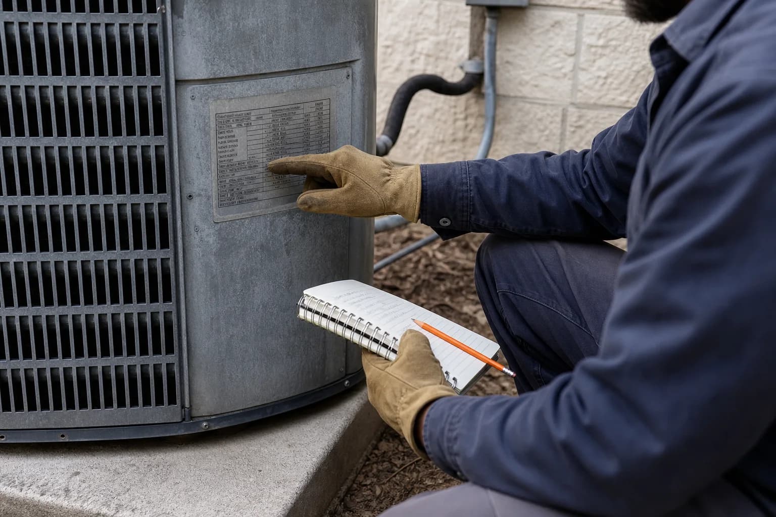 An HVAC technician safely documenting an equipment data plate