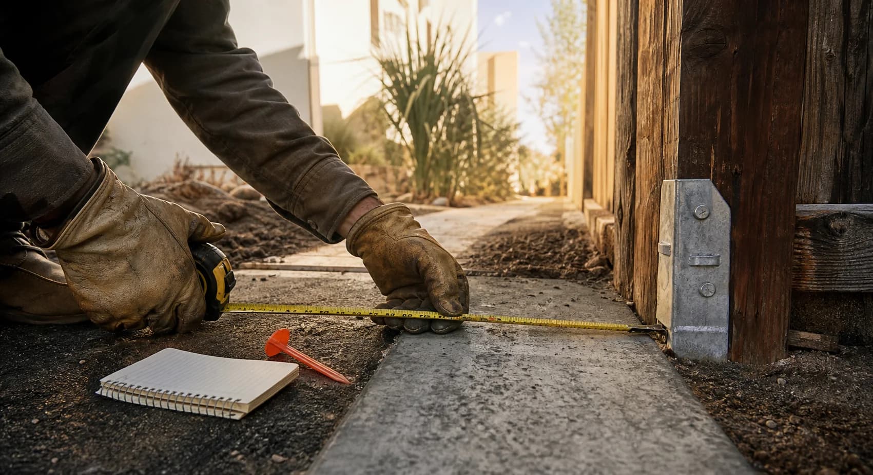 A fence installer documenting the measurement where concrete meets a fence post