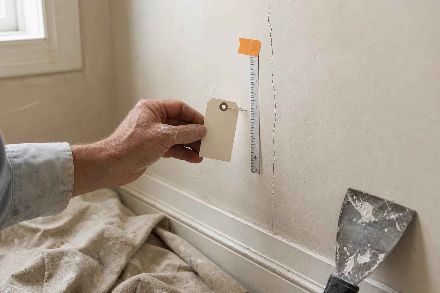A painter documenting a wall crack with a measuring reference